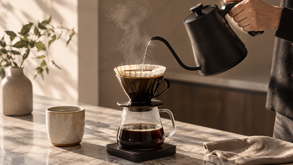 Preparação de café filtrado em casa com dripper e chaleira de bico fino.