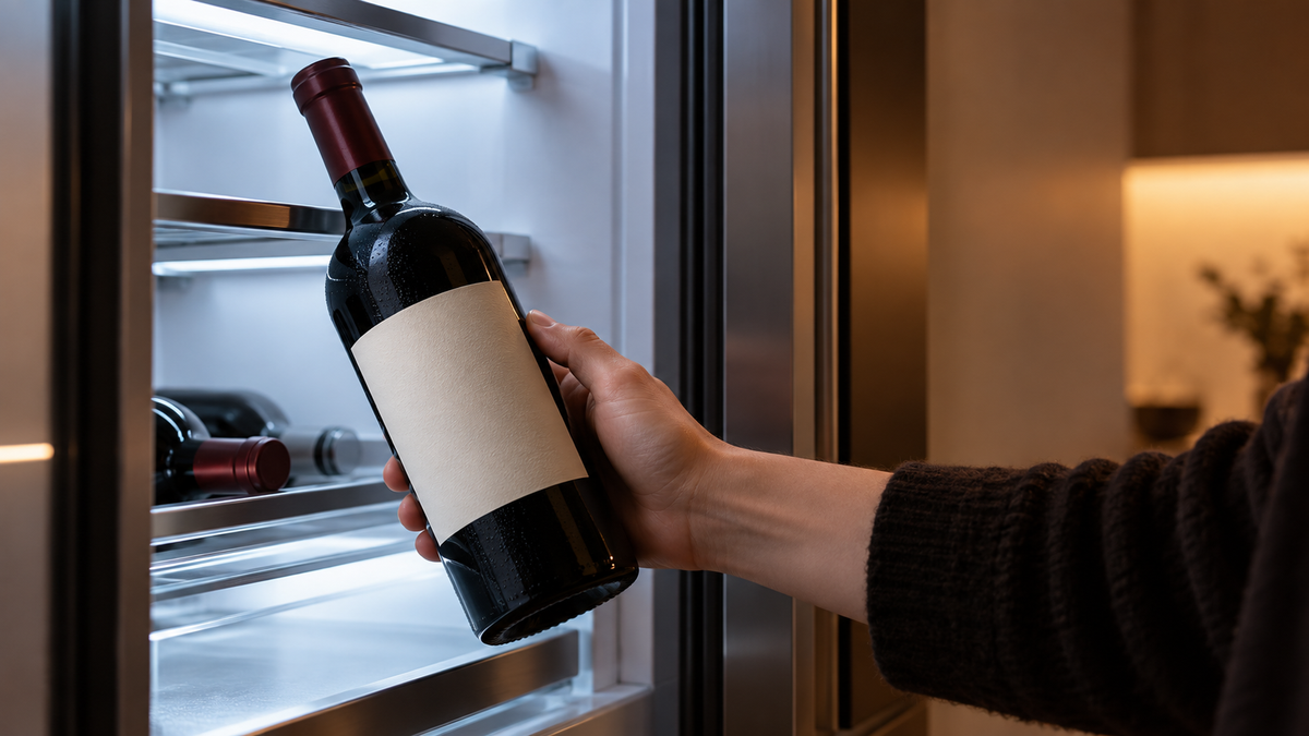 Garrafa de vinho tinto a ser retirada do frigorífico antes de servir.