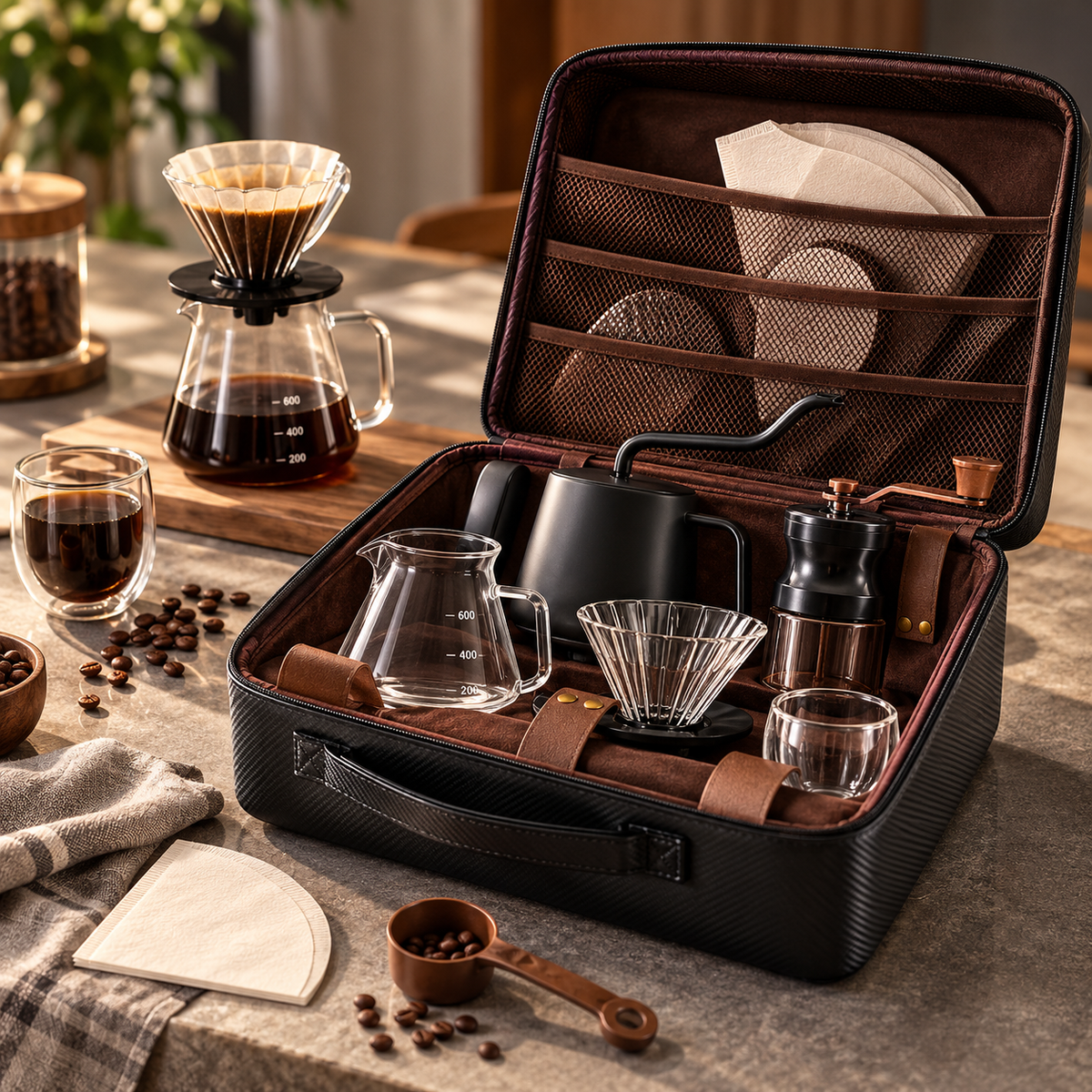 Kit de Café de Viagem 9 Peças com Moinho Manual