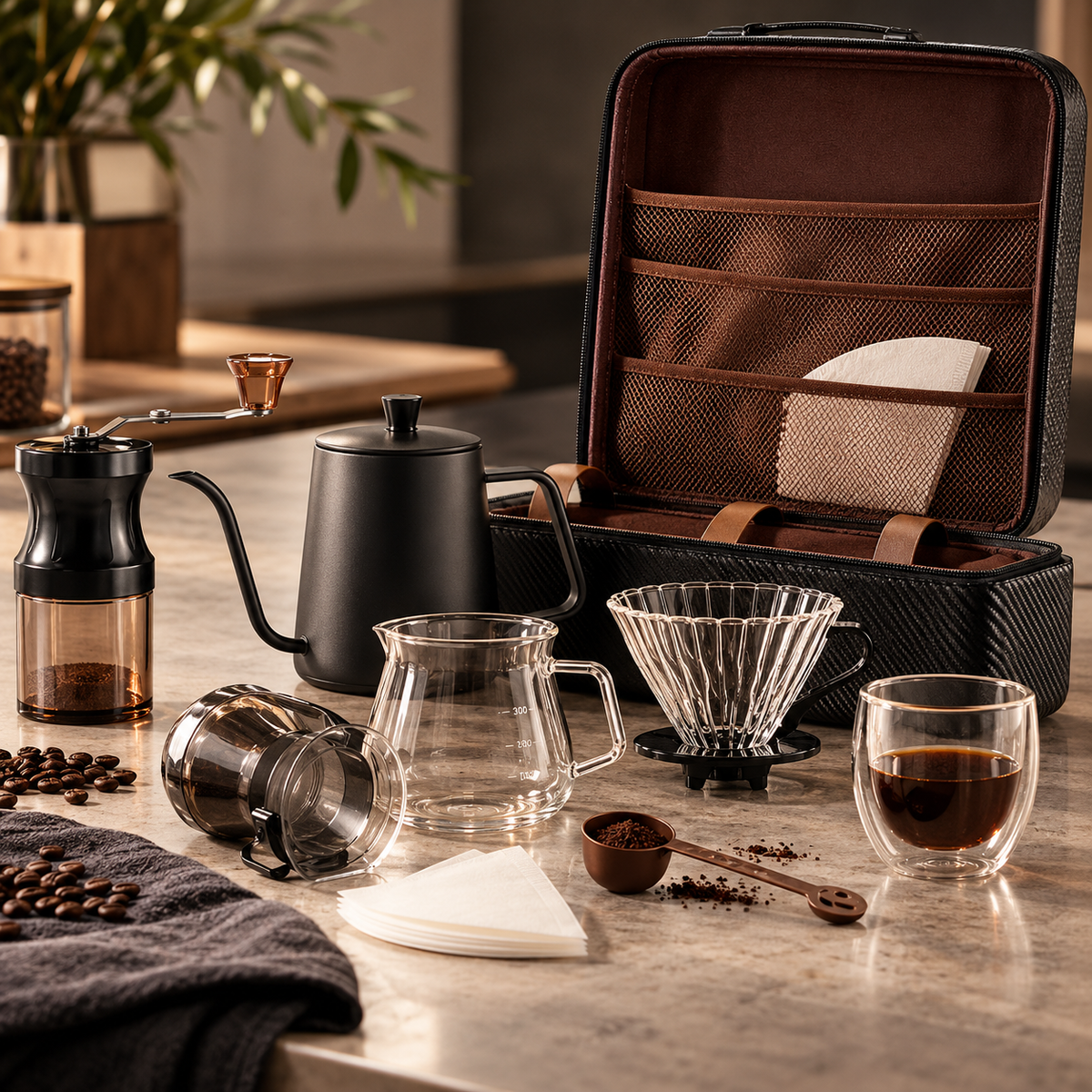Kit de Café de Viagem 9 Peças com Moinho Manual