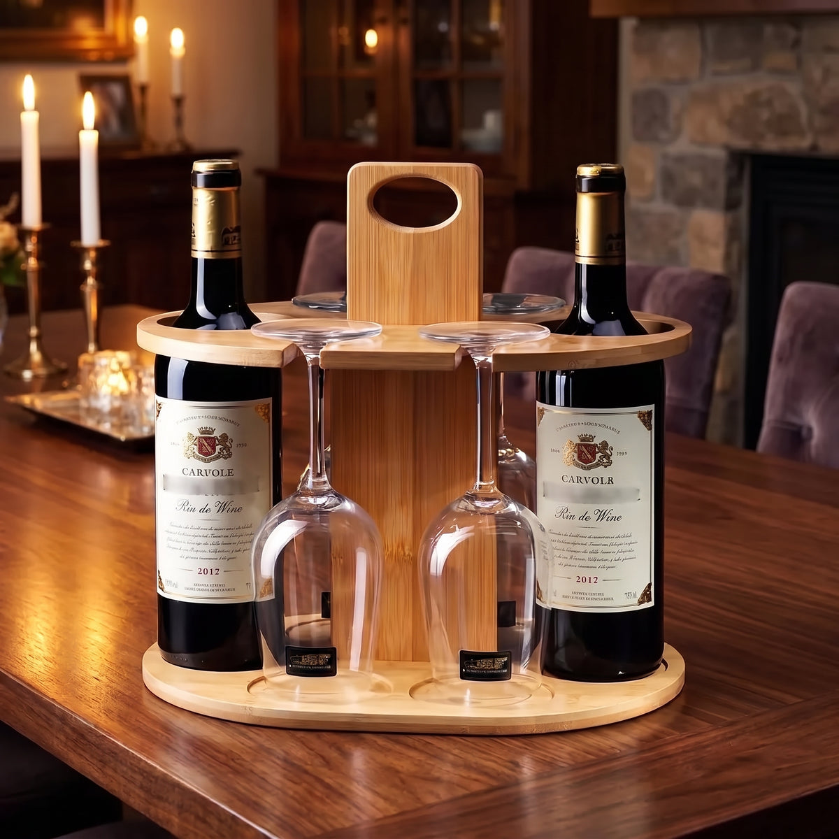 Suporte de Mesa em Bambu para Vinho e Copos