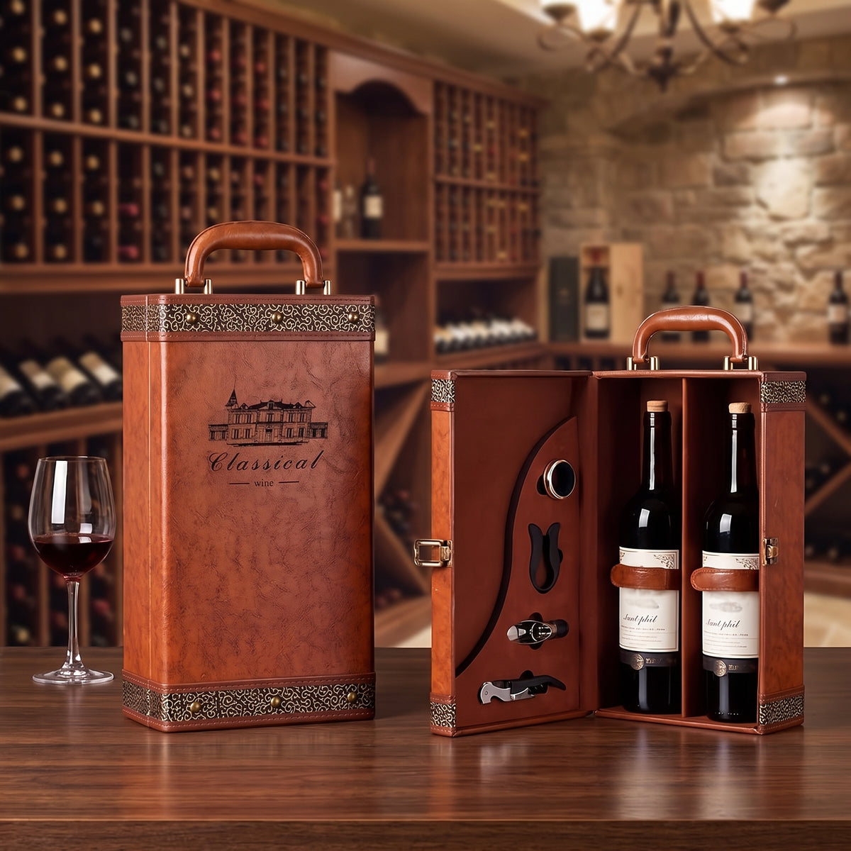 Caixa para 2 Garrafas de Vinho com 4 Acessórios