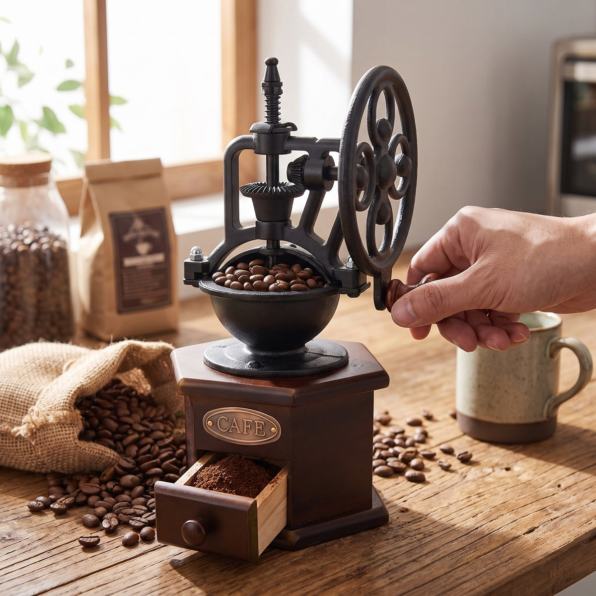 Moinho Manual de Café Vintage com Moagem Ajustável